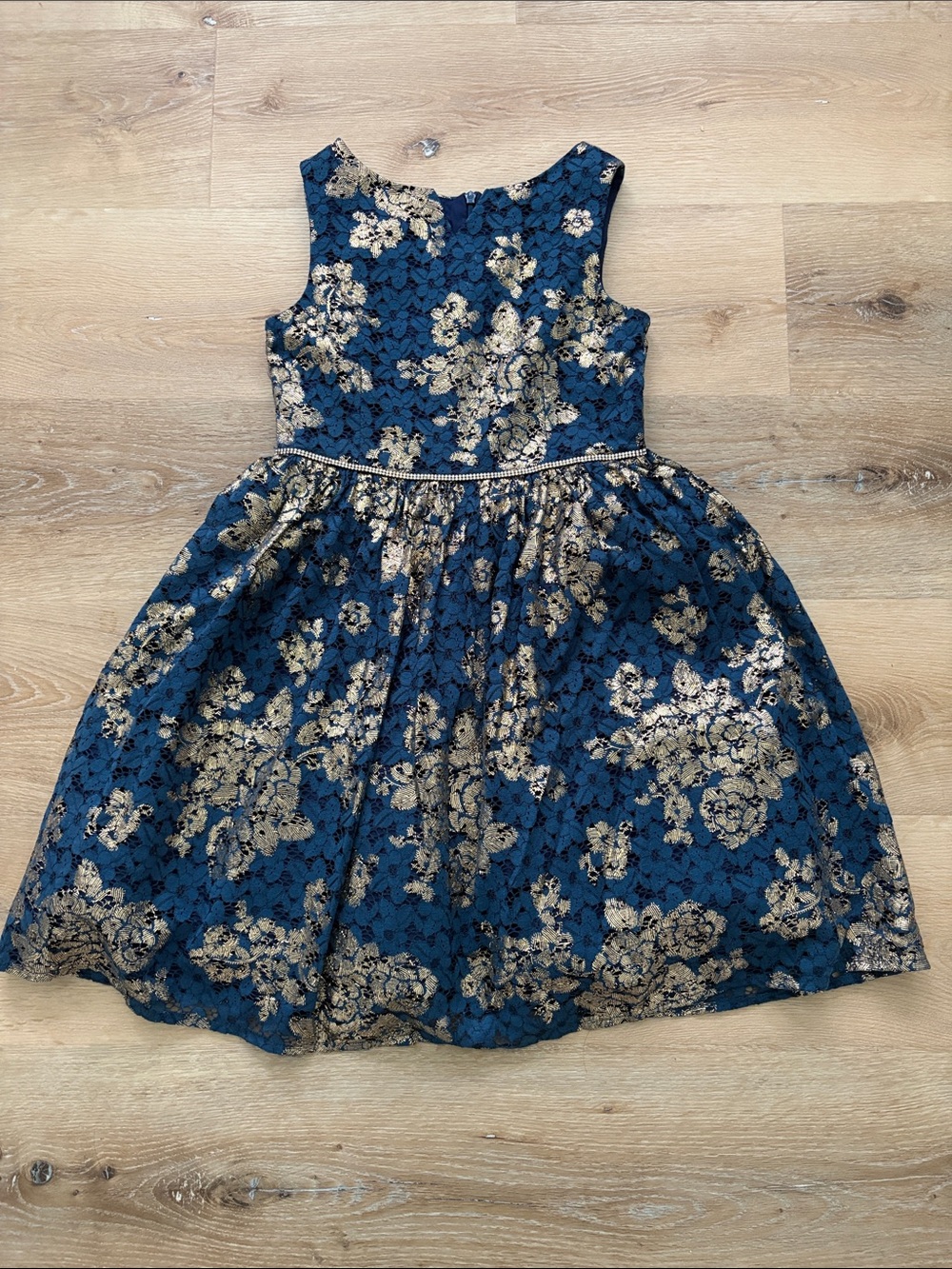 Badgley Mischka Navy & Gold Floral Lace Girl's Party Dress